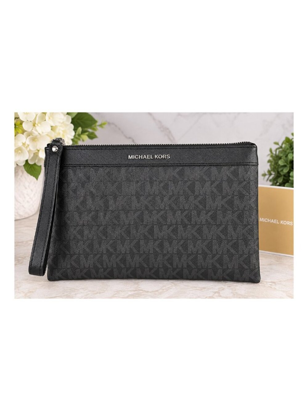 Michael Kors Black Signature Logo Large Zip Wristlet Clutch Silver Hardware